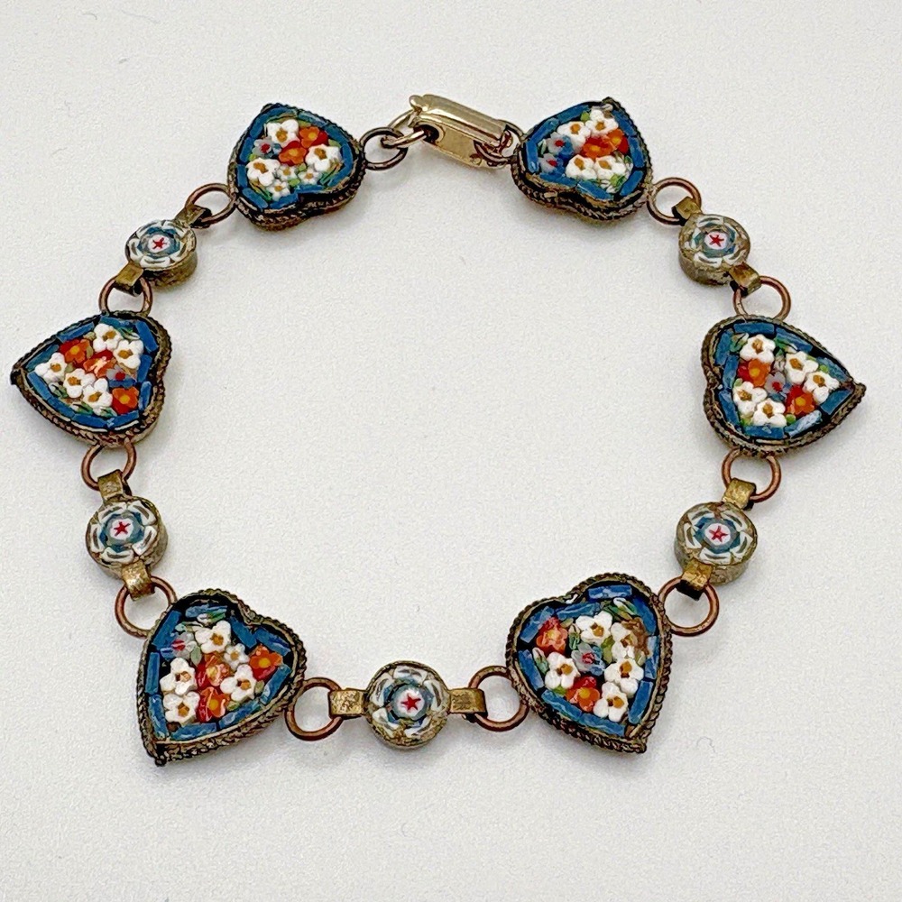 Vintage Italian Micro Mosaic Heart Bracelet Blue Floral Dainty Italy 7"